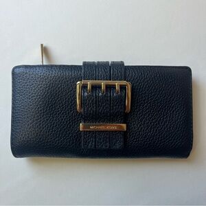 Michael Kors Black Leather Trifold Wallet w/ Gold Buckle